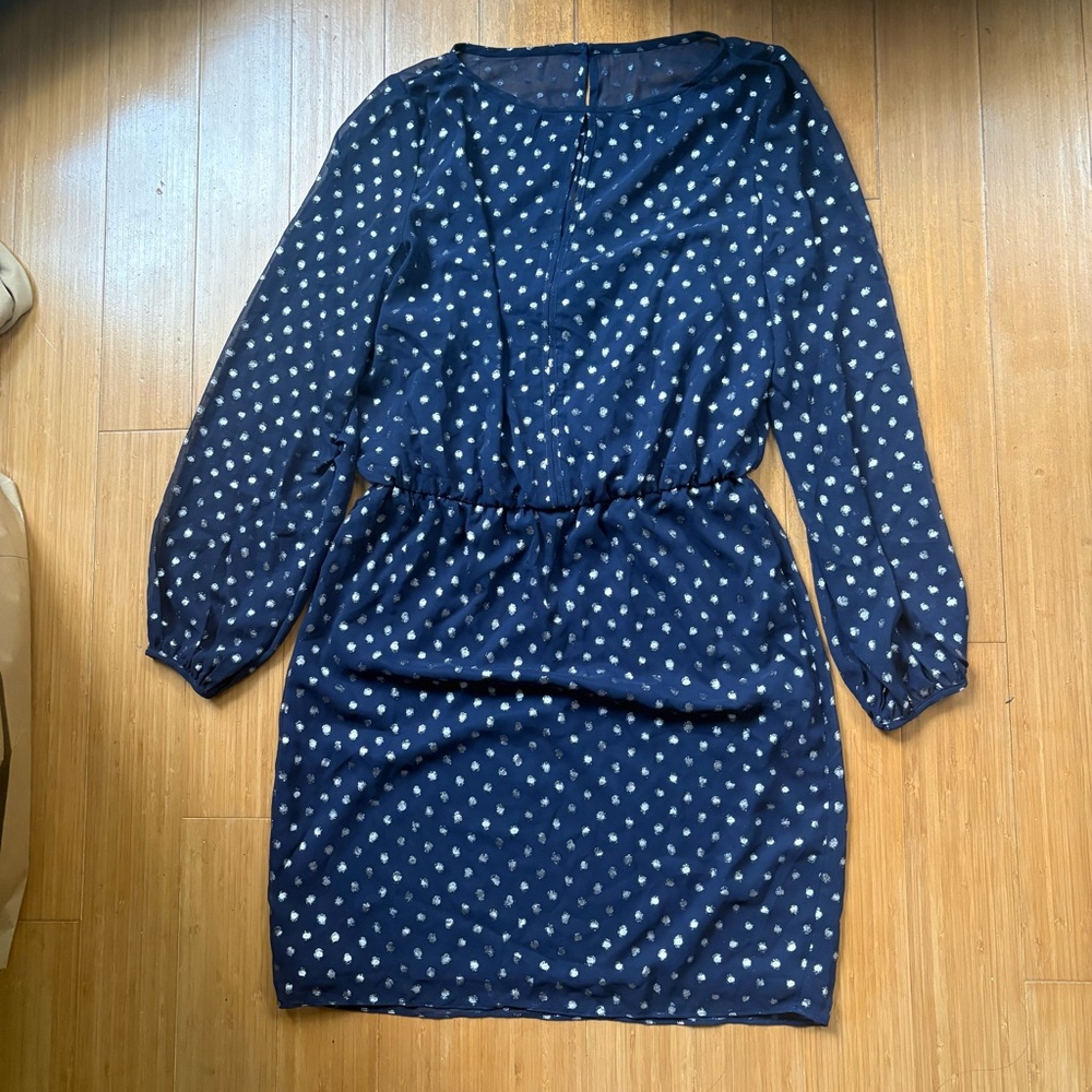 American Living Navy Blue Long Sleeve Polka Dot Dress